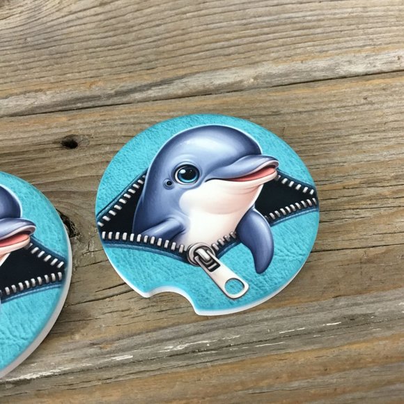 Dolphin Peek-a-Boo Zipper Car Coasters Set of 2 - Picture 4 of 6